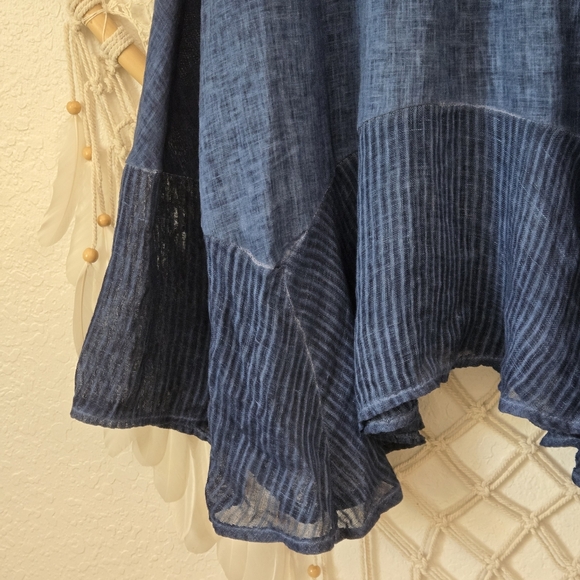 Oizino Linen Boho Lagenlook Asymmetrical Hem Pockets Blue Midi Maxi Skirt M - Picture 4 of 10